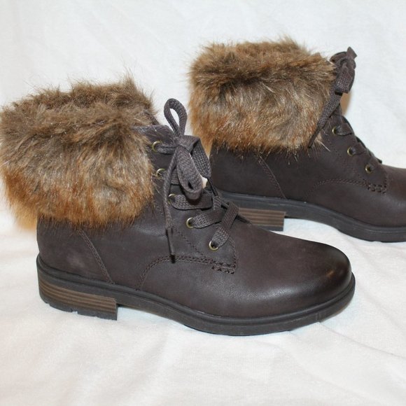 NEW UGG HARRISON FUR TRIMMED LEATHER WOMEN'S BOOTS BROWN - Picture 2 of 7